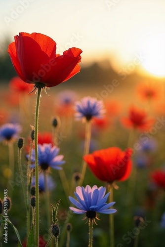 Rote Mohnblume und blaue Kornblumen bei Sonnenaufgang im goldenen Morgenlicht
