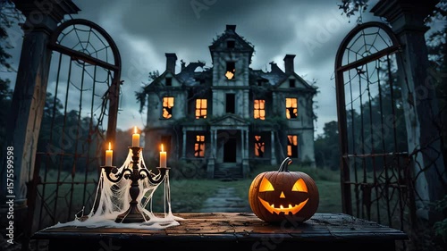 A lit jack-o'-lantern sits in front of a spooky haunted house on Halloween night.