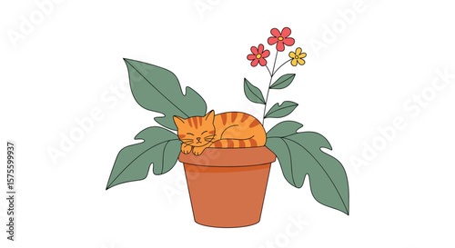 Cozy orange tabby cat napping peacefully inside a terracotta plant pot surrounded by lush green leaves and delicate red and yellow flowers