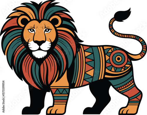 A stylized illustration of a vibrant, ornamented lion, standing proud Transparent vector png