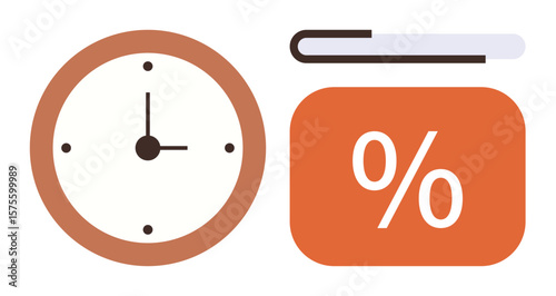 Clock with hour and minute hands, large percentage symbol, and horizontal bar. Ideal for productivity, analytics, deadlines, efficiency, planning measurement evaluation. Clean simple flat metaphor