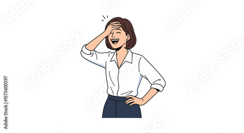 Young businesswoman laughing and holding her forehead in a humorous gesture of forgetfulness or mild embarrassment