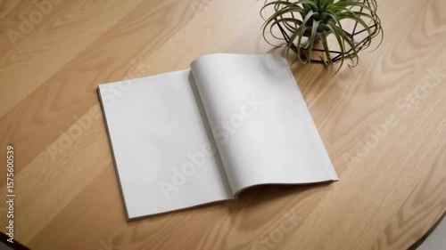 An open blank book and a plant on a wooden table create a simple and natural composition view