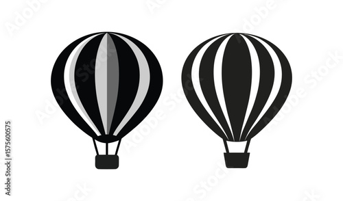 Two stylized black and white hot air balloons with striped patterns against a white background