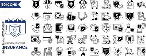 Insurance and risk protection icon set in duotone style. Contain icons related to Insurance, protection, care, safety, assurance, and more and more. Vector illustration