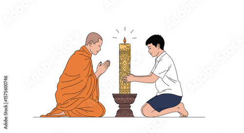 Buddhist monk and student praying lighting candle together in temple