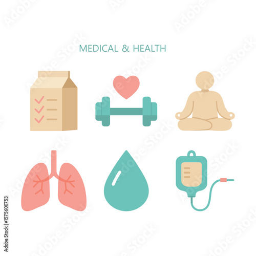 Flat vector health and wellness icons set. Includes checklist, dumbbell, yoga pose, lungs, blood drop, and IV bag. Ideal for fitness, meditation, and medical themes.