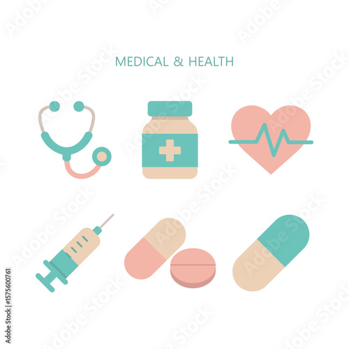 Flat medical and healthcare icons set. Stethoscope, heart rate, pills, medicine bottle, and syringe. Vector illustration for hospital, pharmacy, and health care concepts.