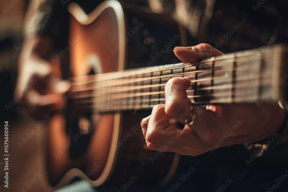 Fototapeta premium Close-up of musician’s hands tuning acoustic guitar in softly lit studio, woodgrain and metallic strings visible