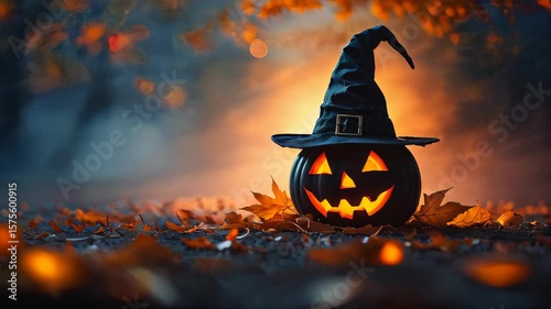 A glowing jack-o'-lantern with a witch hat among fall leaves, perfect for Halloween.