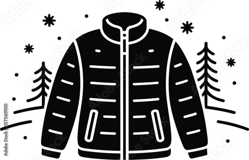 Winter Jacket Icon with Snowflakes and Pine Trees in black color.