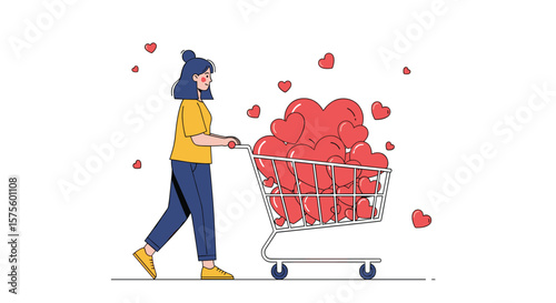 A woman pushes a shopping cart filled with a huge amount of red hearts