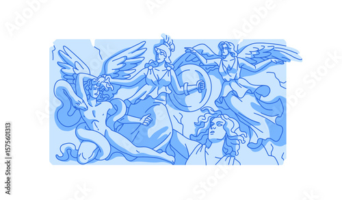 Ancient bas relief with fight of Greece gods. Greek statues, old gypsum sculptures of goddesses in battle, struggle. Antique wall decoration. Flat isolated vector illustration on white background