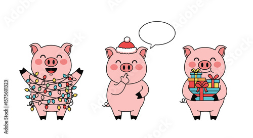 Three adorable cartoon pigs celebrating christmas holidays with gifts lights and a santa hat