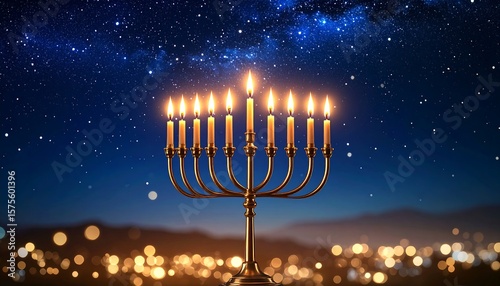 Gold menorah under a starry night sky