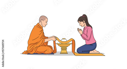 Buddhist monk blesses kneeling woman during sacred ritual offering gratitude and seeking spiritual guidance