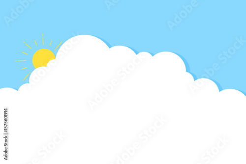 晴れ空に浮かぶ雲と太陽のイラストの長方形フレーム枠