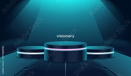 Abstract 3d rendering of three podium platforms with a spotlit blue gradient background