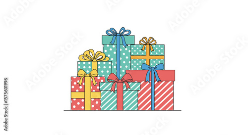 A delightful collection of brightly wrapped gift boxes in various patterns and colors stacked together creating a festive arrangement