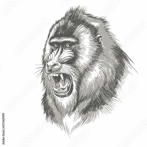 A detailed sketch of a powerful baboon roaring fiercely in a lush jungle environment. The illustration highlights the baboon's fur, open mouth, and expressive face with fine detail.