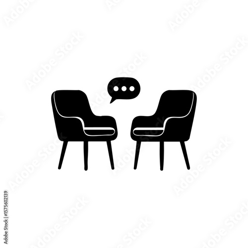 Minimalist black icon of two chairs facing each other with a speech bubble, symbolizing interview, conversation, or counseling session.
