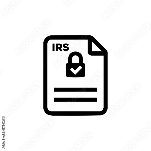 Minimal black vector icon of an IRS document with a padlock and checkmark, symbolizing secure tax filing, identity protection, and financial approval.
