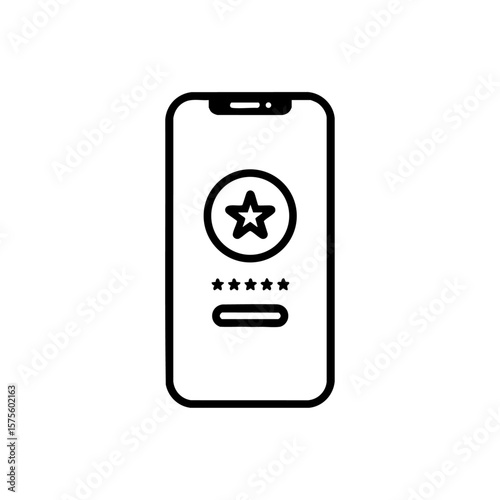Minimalist black vector icon of a mobile phone screen displaying a five-star rating and a star badge, symbolizing app review, reputation, or user feedback.
