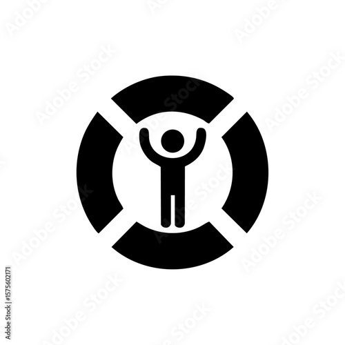 Black icon of a person uplifted inside a lifebuoy ring, symbolizing rescue, support, safety, or crisis assistance.
