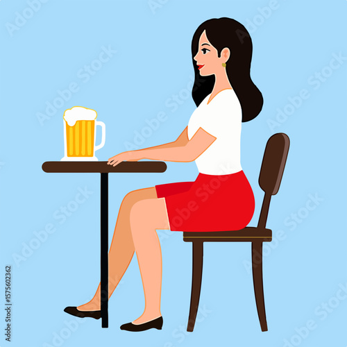From the series "oktoberfest", girl sitting at a table with a glass of beer,   on isolated light blue background
