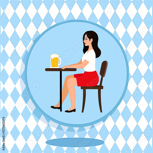 From the series "oktoberfest", girl sitting at a table with a glass of beer, on the background of traditional bavarian pattern with blue and white diamonds