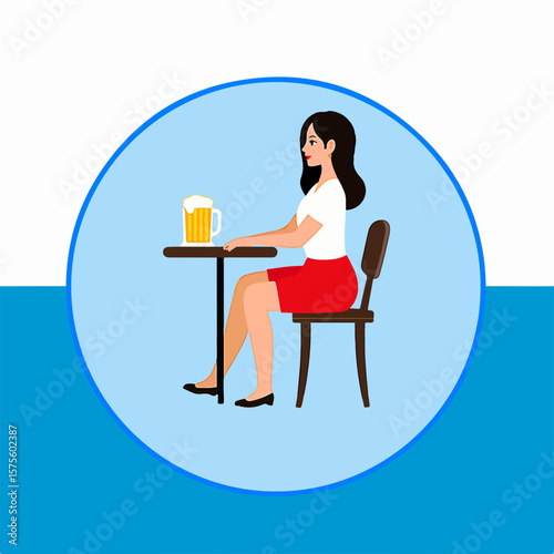From the series "oktoberfest", girl sitting at a table with a glass of beer,  on the background of traditional bavarian pattern with blue and white strips