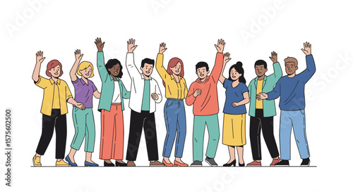 Diverse group of people cheering and waving hands together in celebration