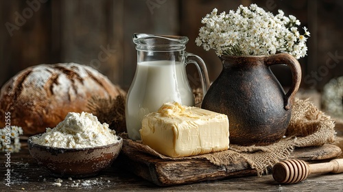 Fresh milk and butter still life on rustic wooden table representing dairy farm produce and vintage food concept