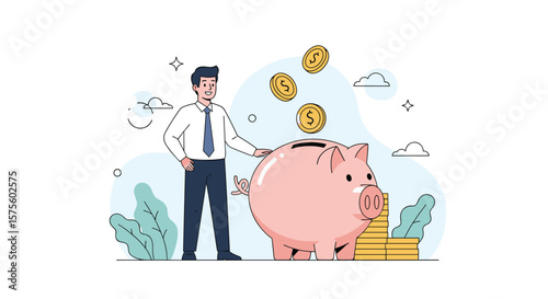 Businessman depositing coins into a piggy bank saving money financial growth business investment wealth accumulation