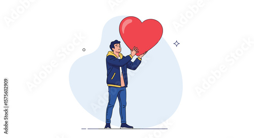 Man holding a large red heart above his head showing love and affection
