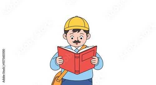 Animated postman in hard hat reading a red book with briefcase and mail satchel