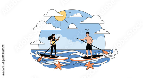 Couple enjoying stand up paddleboarding adventure on a sunny day ocean activity