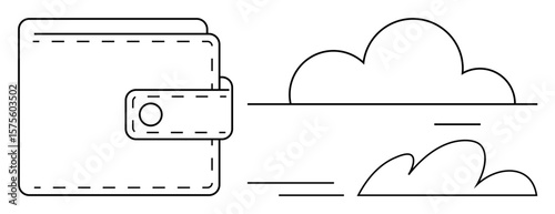 Closed wallet next to simple clouds and sleek lines suggesting digital finance, savings, and freedom. Ideal for finance, technology, economy, banking, cloud storage savings innovation. Minimal flat