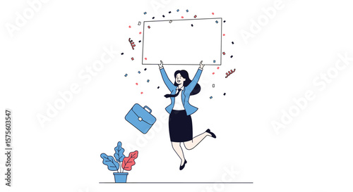 Excited woman in suit jumping with joy celebrate career success and achievement