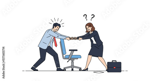 Business professionals fighting over office chair concept of workplace conflict and competition