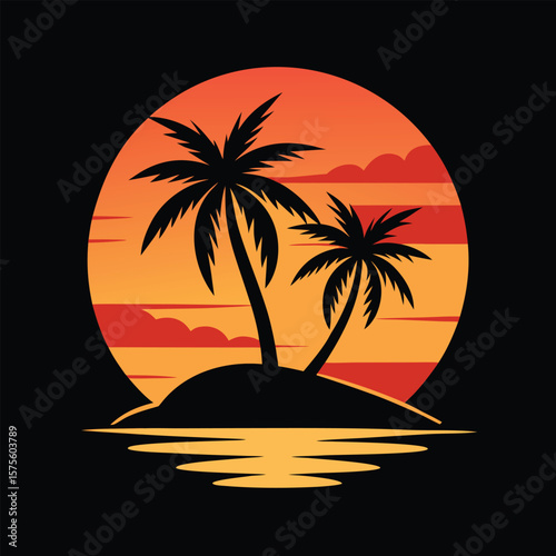 Tropical Island Sunset Silhouette with Palm Trees
