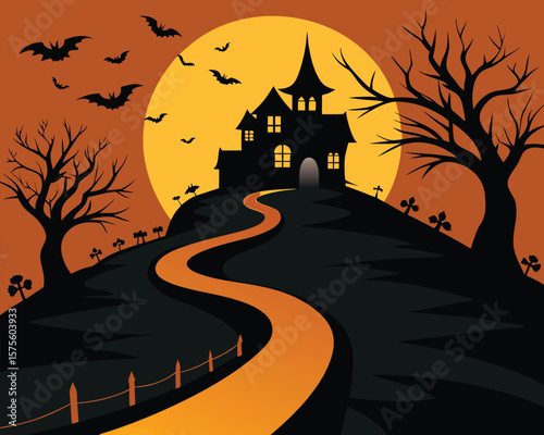 Spooky Halloween Night Haunted House Hilltop Scene