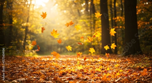 Golden Autumn Forest with Morning Sunlight and Mist

