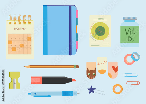 Chancellery set with notes and paper stationery for memos writing and reminders. For productivity, organization, and study related themes.