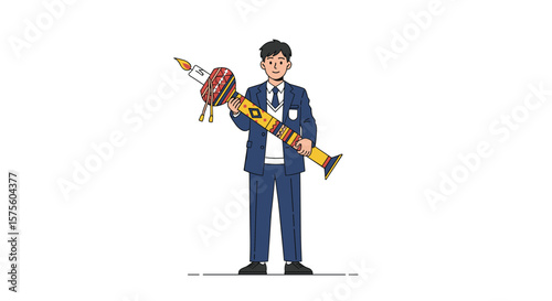Man holding large rattan pole with arrow attached for hunting adventure concept