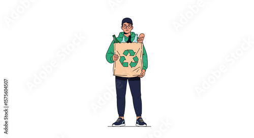Man holding a cardboard box with recycling symbol and bag for eco friendly living