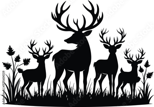 Majestic Deer Family Silhouette in Grassland
