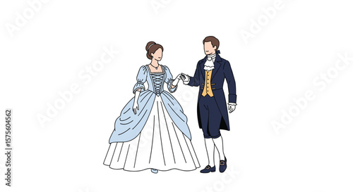 Elegant couple dancing in historical costumes at a formal ball