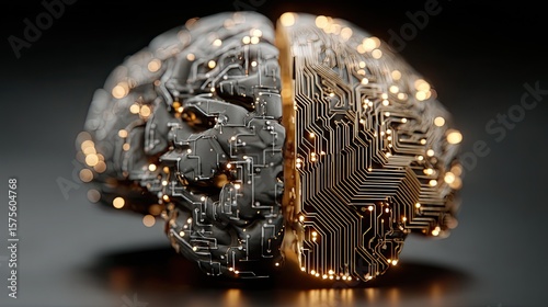 Half brain with digital circuit, artificial intelligence, neural network, technology mind, futuristic AI tech