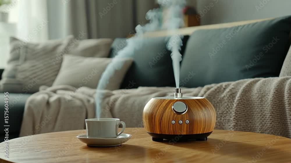 A wooden-hued aroma diffuser sits on a light-brown wooden coffee table, emitting steam into a cozy living room. A small white cup and saucer rest nearby